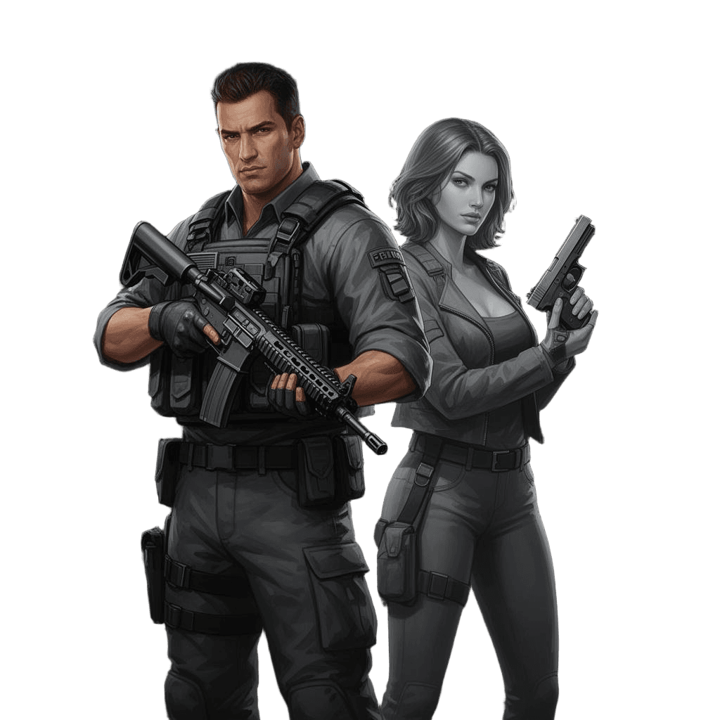 Two action characters representing premium FiveM scripts